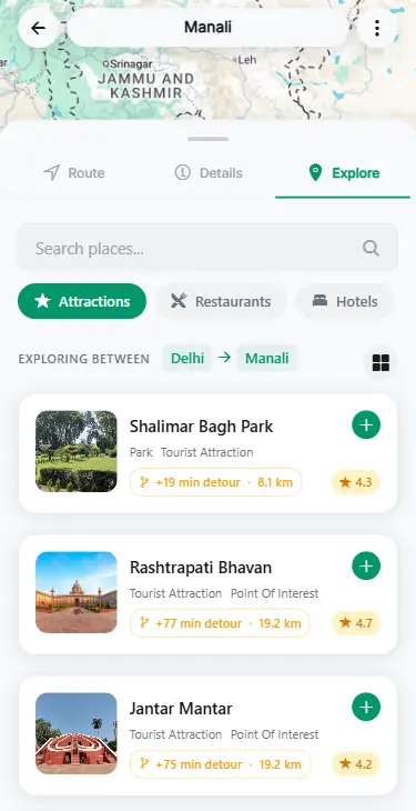 RoamLine stop discovery preview showing attractions with additional driving time and distance