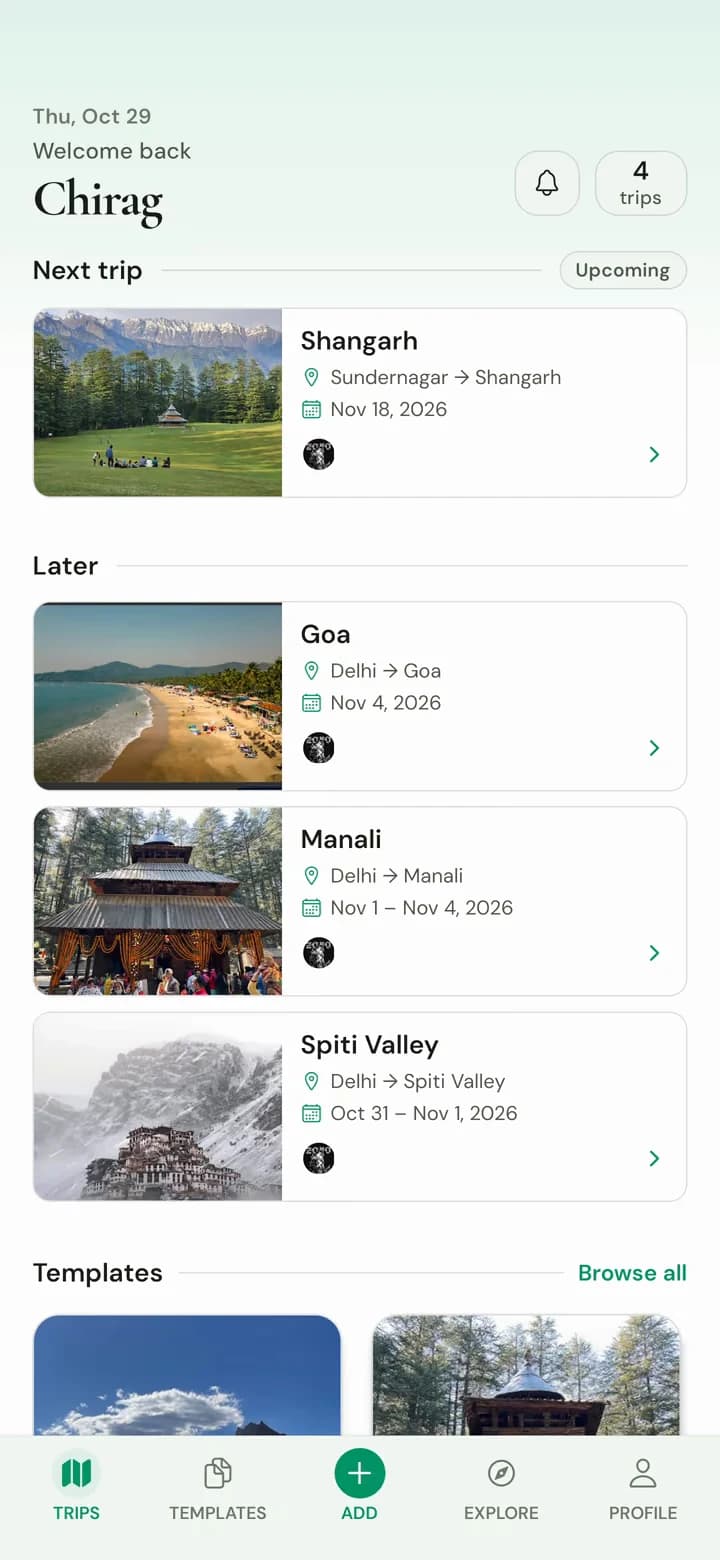 RoamLine trip overview showing upcoming trips, destination photos and reusable trip templates